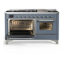 ILVE Majestic III 60-inch Dual Fuel Range with 5 Liquid Propane Burner, Griddle and Triple Glass Door Electric Oven in Blue Grey with Chrome Trim (UM60FNR3BGCLP)