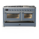 ILVE Majestic III 60-inch Dual Fuel Range with 5 Liquid Propane Burner, Griddle and Triple Glass Door Electric Oven in Blue Grey with Chrome Trim (UM60FNR3BGCLP)