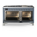ILVE Majestic III 60-inch Dual Fuel Range with 7 Natural Gas Burner, Griddle and Triple Glass Door Electric Oven in Blue Grey with Chrome Trim (UM60FNR3BGC)