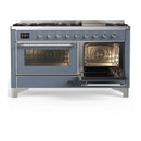 ILVE Majestic III 60-inch Dual Fuel Range with 7 Natural Gas Burner, Griddle and Triple Glass Door Electric Oven in Blue Grey with Chrome Trim (UM60FNR3BGC)