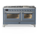 ILVE Majestic III 60-inch Dual Fuel Range with 7 Natural Gas Burner, Griddle and Triple Glass Door Electric Oven in Blue Grey with Chrome Trim (UM60FNR3BGC)