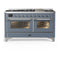 ILVE Majestic III 60-inch Dual Fuel Range with 7 Natural Gas Burner, Griddle and Triple Glass Door Electric Oven in Blue Grey with Chrome Trim (UM60FNR3BGC)