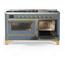 ILVE Majestic III 60-inch Dual Fuel Range with 5 Liquid Propane Burner, Griddle and Triple Glass Door Electric Oven in Blue Grey with Brass Trim (UM60FNR3BGGLP)