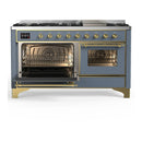 ILVE Majestic III 60-inch Dual Fuel Range with 5 Liquid Propane Burner, Griddle and Triple Glass Door Electric Oven in Blue Grey with Brass Trim (UM60FNR3BGGLP)