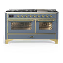 ILVE Majestic III 60-inch Dual Fuel Range with 5 Liquid Propane Burner, Griddle and Triple Glass Door Electric Oven in Blue Grey with Brass Trim (UM60FNR3BGGLP)