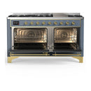 ILVE Majestic III 60-inch Dual Fuel Range with 7 Natural Gas Burner, Griddle and Triple Glass Door Electric Oven in Blue Grey with Brass Trim (UM60FNR3BGG)