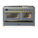 ILVE Majestic III 60-inch Dual Fuel Range with 7 Natural Gas Burner, Griddle and Triple Glass Door Electric Oven in Blue Grey with Brass Trim (UM60FNR3BGG)