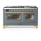 ILVE Majestic III 60-inch Dual Fuel Range with 7 Natural Gas Burner, Griddle and Triple Glass Door Electric Oven in Blue Grey with Brass Trim (UM60FNR3BGG)
