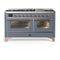 ILVE Majestic III 60-inch Dual Fuel Range with 5 Liquid Propane Burner, Griddle and Triple Glass Door Electric Oven in Blue Grey with Copper Trim (UM60FNR3BGPLP)