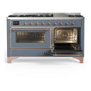 ILVE Majestic III 60-inch Dual Fuel Range with 7 Natural Gas Burner, Griddle and Triple Glass Door Electric Oven in Blue Grey with Copper Trim (UM60FNR3BGP)