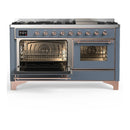 ILVE Majestic III 60-inch Dual Fuel Range with 7 Natural Gas Burner, Griddle and Triple Glass Door Electric Oven in Blue Grey with Copper Trim (UM60FNR3BGP)