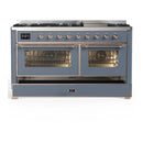 ILVE Majestic III 60-inch Dual Fuel Range with 7 Natural Gas Burner, Griddle and Triple Glass Door Electric Oven in Blue Grey with Copper Trim (UM60FNR3BGP)