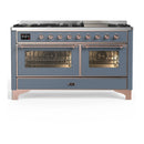 ILVE Majestic III 60-inch Dual Fuel Range with 7 Natural Gas Burner, Griddle and Triple Glass Door Electric Oven in Blue Grey with Copper Trim (UM60FNR3BGP)