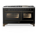 ILVE Majestic III 60-inch Dual Fuel Range with 5 Liquid Propane Burner, Griddle and Triple Glass Door Electric Oven in Glossy Black with Burnished Trim (UM60FNR3BKBLP)