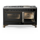 ILVE Majestic III 60-inch Dual Fuel Range with 7 Natural Gas Burner, Griddle and Triple Glass Door Electric Oven in Glossy Black with Burnished Trim (UM60FNR3BKB)