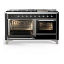 ILVE Majestic III 60-inch Dual Fuel Range with 5 Liquid Propane Burner, Griddle and Triple Glass Door Electric Oven in Glossy Black with Chrome Trim (UM60FNR3BKCLP)