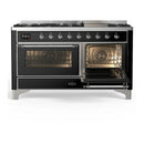 ILVE Majestic III 60-inch Dual Fuel Range with 7 Natural Gas Burner, Griddle and Triple Glass Door Electric Oven in Glossy Black with Chrome Trim (UM60FNR3BKC)