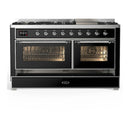 ILVE Majestic III 60-inch Dual Fuel Range with 7 Natural Gas Burner, Griddle and Triple Glass Door Electric Oven in Glossy Black with Chrome Trim (UM60FNR3BKC)