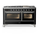 ILVE Majestic III 60-inch Dual Fuel Range with 7 Natural Gas Burner, Griddle and Triple Glass Door Electric Oven in Glossy Black with Chrome Trim (UM60FNR3BKC)