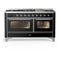 ILVE Majestic III 60-inch Dual Fuel Range with 7 Natural Gas Burner, Griddle and Triple Glass Door Electric Oven in Glossy Black with Chrome Trim (UM60FNR3BKC)