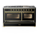 ILVE Majestic III 60-inch Dual Fuel Range with 5 Liquid Propane Burner, Griddle and Triple Glass Door Electric Oven in Glossy Black with Brass Trim (UM60FNR3BKGLP)