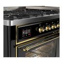 ILVE Majestic III 60-inch Dual Fuel Range with 7 Natural Gas Burner, Griddle and Triple Glass Door Electric Oven in Glossy Black with Brass Trim (UM60FNR3BKG)