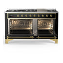 ILVE Majestic III 60-inch Dual Fuel Range with 7 Natural Gas Burner, Griddle and Triple Glass Door Electric Oven in Glossy Black with Brass Trim (UM60FNR3BKG)