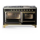 ILVE Majestic III 60-inch Dual Fuel Range with 7 Natural Gas Burner, Griddle and Triple Glass Door Electric Oven in Glossy Black with Brass Trim (UM60FNR3BKG)