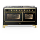 ILVE Majestic III 60-inch Dual Fuel Range with 7 Natural Gas Burner, Griddle and Triple Glass Door Electric Oven in Glossy Black with Brass Trim (UM60FNR3BKG)