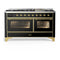 ILVE Majestic III 60-inch Dual Fuel Range with 7 Natural Gas Burner, Griddle and Triple Glass Door Electric Oven in Glossy Black with Brass Trim (UM60FNR3BKG)