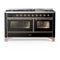 ILVE Majestic III 60-inch Dual Fuel Range with 5 Liquid Propane Burner, Griddle and Triple Glass Door Electric Oven in Glossy Black with Copper Trim (UM60FNR3BKPLP)