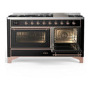 ILVE Majestic III 60-inch Dual Fuel Range with 7 Natural Gas Burner, Griddle and Triple Glass Door Electric Oven in Glossy Black with Copper Trim (UM60FNR3BKP)