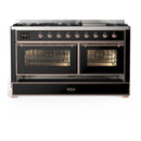 ILVE Majestic III 60-inch Dual Fuel Range with 7 Natural Gas Burner, Griddle and Triple Glass Door Electric Oven in Glossy Black with Copper Trim (UM60FNR3BKP)