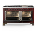 ILVE Majestic III 60-inch Dual Fuel Range with 7 Natural Gas Burner, Griddle and Triple Glass Door Electric Oven in Burgundy with Burnished Trim (UM60FNR3BUB)