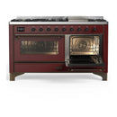 ILVE Majestic III 60-inch Dual Fuel Range with 7 Natural Gas Burner, Griddle and Triple Glass Door Electric Oven in Burgundy with Burnished Trim (UM60FNR3BUB)