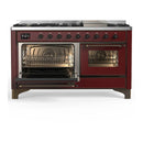 ILVE Majestic III 60-inch Dual Fuel Range with 7 Natural Gas Burner, Griddle and Triple Glass Door Electric Oven in Burgundy with Burnished Trim (UM60FNR3BUB)