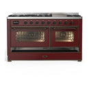 ILVE Majestic III 60-inch Dual Fuel Range with 7 Natural Gas Burner, Griddle and Triple Glass Door Electric Oven in Burgundy with Burnished Trim (UM60FNR3BUB)