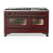 ILVE Majestic III 60-inch Dual Fuel Range with 7 Natural Gas Burner, Griddle and Triple Glass Door Electric Oven in Burgundy with Burnished Trim (UM60FNR3BUB)