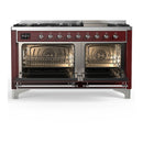 ILVE Majestic III 60-inch Dual Fuel Range with 7 Natural Gas Burner, Griddle and Triple Glass Door Electric Oven in Burgundy with Chrome Trim (UM60FNR3BUC)