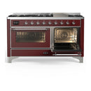 ILVE Majestic III 60-inch Dual Fuel Range with 7 Natural Gas Burner, Griddle and Triple Glass Door Electric Oven in Burgundy with Chrome Trim (UM60FNR3BUC)