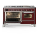ILVE Majestic III 60-inch Dual Fuel Range with 7 Natural Gas Burner, Griddle and Triple Glass Door Electric Oven in Burgundy with Chrome Trim (UM60FNR3BUC)