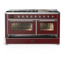 ILVE Majestic III 60-inch Dual Fuel Range with 7 Natural Gas Burner, Griddle and Triple Glass Door Electric Oven in Burgundy with Chrome Trim (UM60FNR3BUC)
