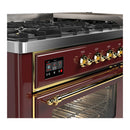ILVE Majestic III 60-inch Dual Fuel Range with 7 Natural Gas Burner, Griddle and Triple Glass Door Electric Oven in Burgundy with Brass Trim (UM60FNR3BUG)