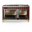 ILVE Majestic III 60-inch Dual Fuel Range with 7 Natural Gas Burner, Griddle and Triple Glass Door Electric Oven in Burgundy with Brass Trim (UM60FNR3BUG)