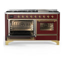 ILVE Majestic III 60-inch Dual Fuel Range with 7 Natural Gas Burner, Griddle and Triple Glass Door Electric Oven in Burgundy with Brass Trim (UM60FNR3BUG)