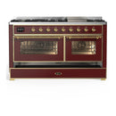 ILVE Majestic III 60-inch Dual Fuel Range with 7 Natural Gas Burner, Griddle and Triple Glass Door Electric Oven in Burgundy with Brass Trim (UM60FNR3BUG)