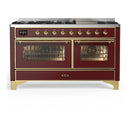 ILVE Majestic III 60-inch Dual Fuel Range with 7 Natural Gas Burner, Griddle and Triple Glass Door Electric Oven in Burgundy with Brass Trim (UM60FNR3BUG)