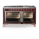 ILVE Majestic III 60-inch Dual Fuel Range with 7 Natural Gas Burner, Griddle and Triple Glass Door Electric Oven in Burgundy with Copper Trim (UM60FNR3BUP)