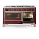 ILVE Majestic III 60-inch Dual Fuel Range with 7 Natural Gas Burner, Griddle and Triple Glass Door Electric Oven in Burgundy with Copper Trim (UM60FNR3BUP)