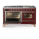ILVE Majestic III 60-inch Dual Fuel Range with 7 Natural Gas Burner, Griddle and Triple Glass Door Electric Oven in Burgundy with Copper Trim (UM60FNR3BUP)
